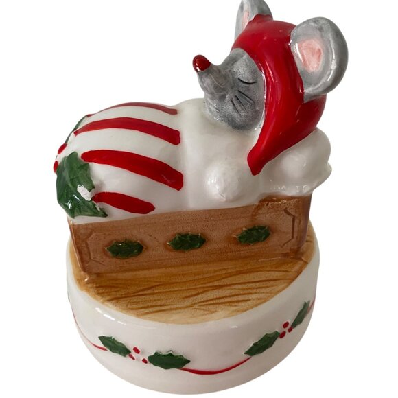 Otagiri Ceramic Sleeping Mouse Christmas Music Box candy Stripes Japan CHIP - Picture 8 of 11